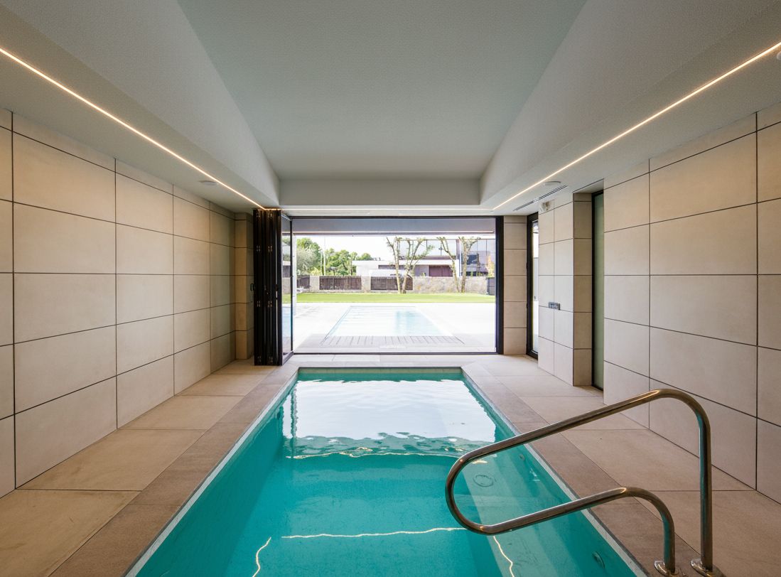 Piscina interior con barandilla y vistas al jardín en Lleida